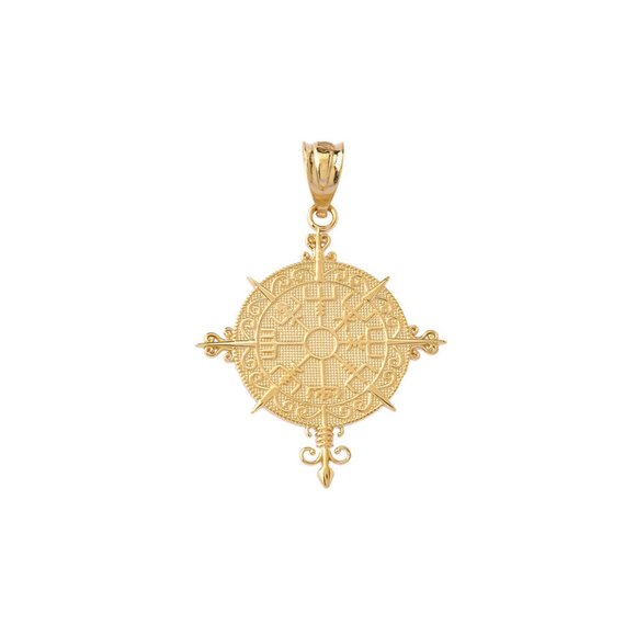 10K Solid Gold Ancient Viking Compass Pendant - Yellow, Rose, White Gold